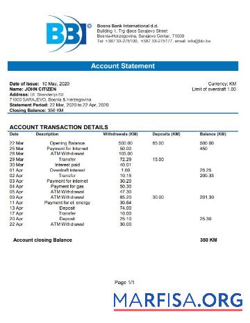 Realistic Bosnia and Herzegovina Bosna bank International bank statement word example